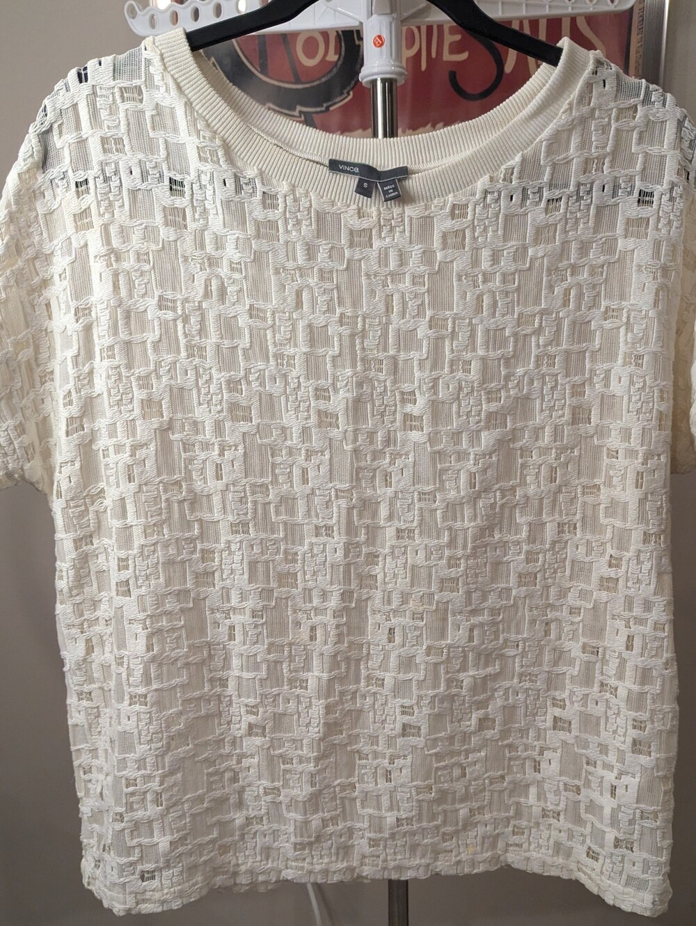 $50 VINCE Size Sm - Cream Geometric Open Knit Short Sleeve Top Cotton Blend EUC